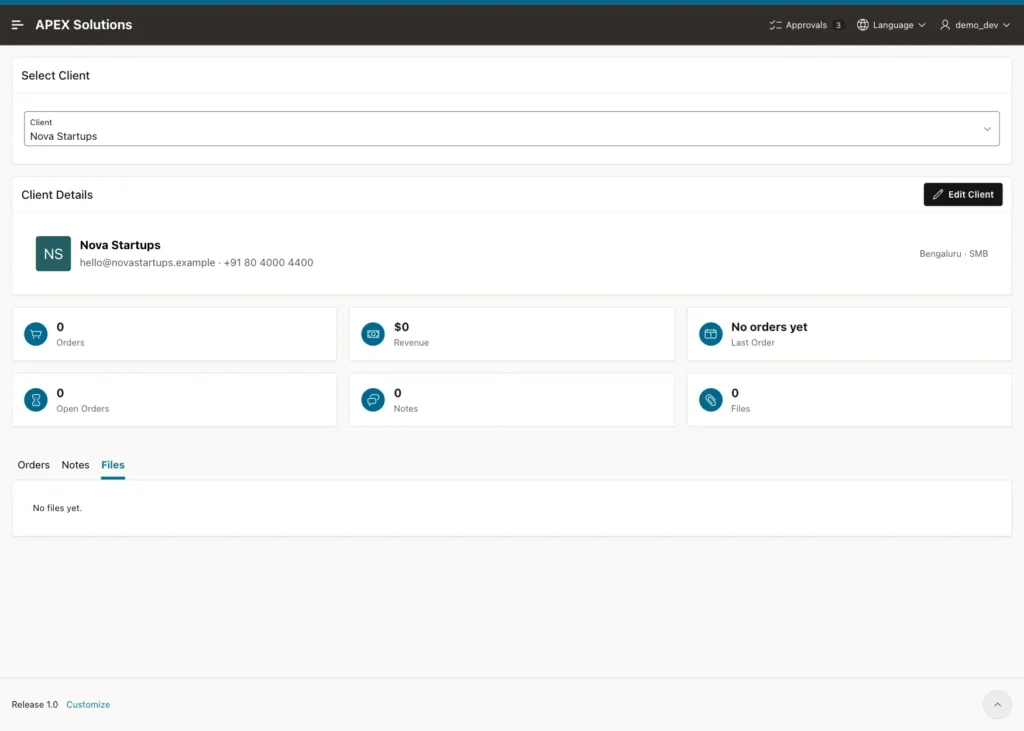 Client 360 page for Nova Startups with zero values in the cards and No files yet in the Files tab