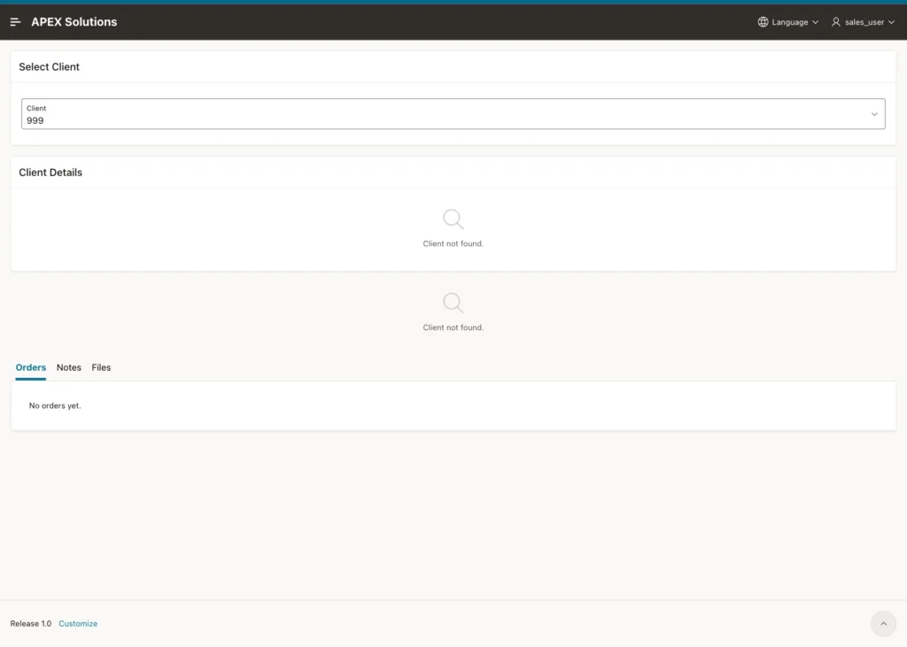 Client 360 page with client ID 999 showing Client not found. in the header and cards and No orders yet in the Orders tab