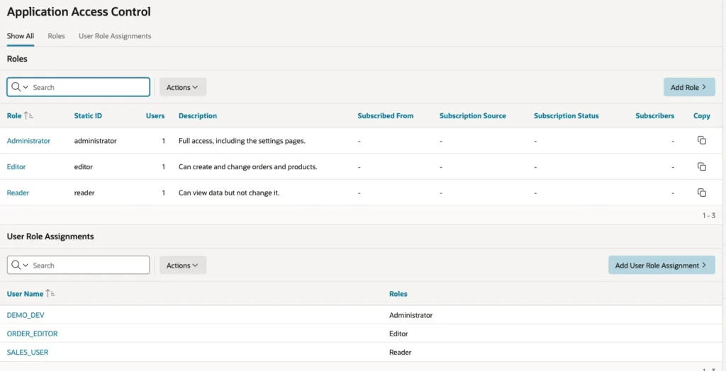Application Access Control page with the roles Administrator, Editor and Reader, one user each, and the user role assignments DEMO_DEV Administrator, ORDER_EDITOR Editor and SALES_USER Reader