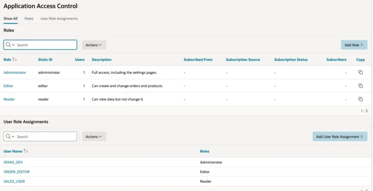 Application Access Control page with the roles Administrator, Editor and Reader, one user each, and the user role assignments DEMO_DEV Administrator, ORDER_EDITOR Editor and SALES_USER Reader