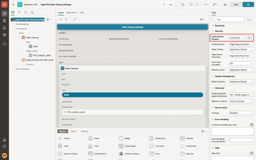 Page Designer showing page 170 Security group with Authorization Scheme Is Administrator marked with a red box