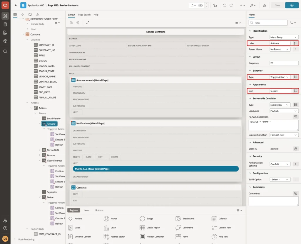 Menu entry Activate with Behavior Type Trigger Action and Icon fa-play marked with red boxes