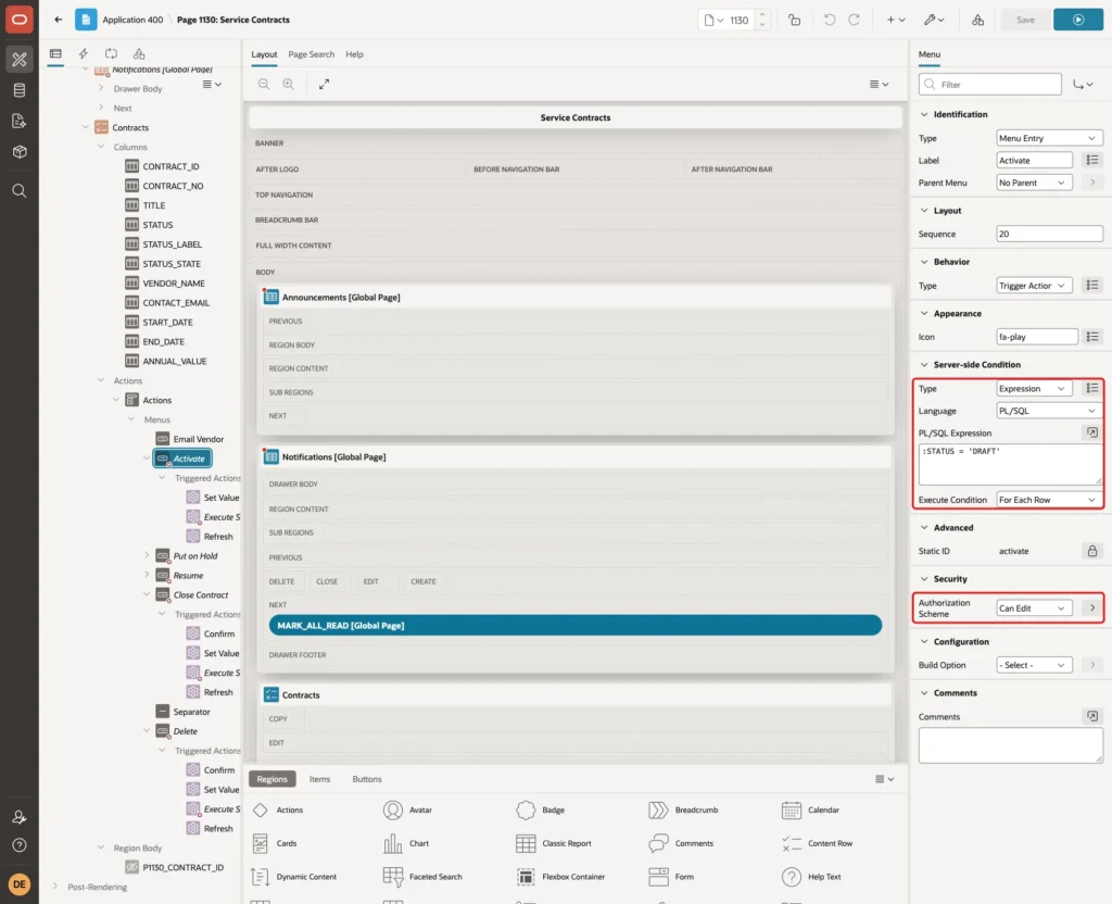 Server-side Condition Expression :STATUS = 'DRAFT' with Execute Condition For Each Row, and Authorization Scheme Can Edit, marked with red boxes
