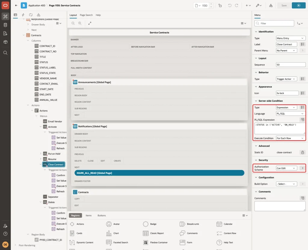 Menu entry Close Contract with expression :STATUS in ('ACTIVE', 'ON_HOLD'), For Each Row and Authorization Scheme Can Edit marked with red boxes