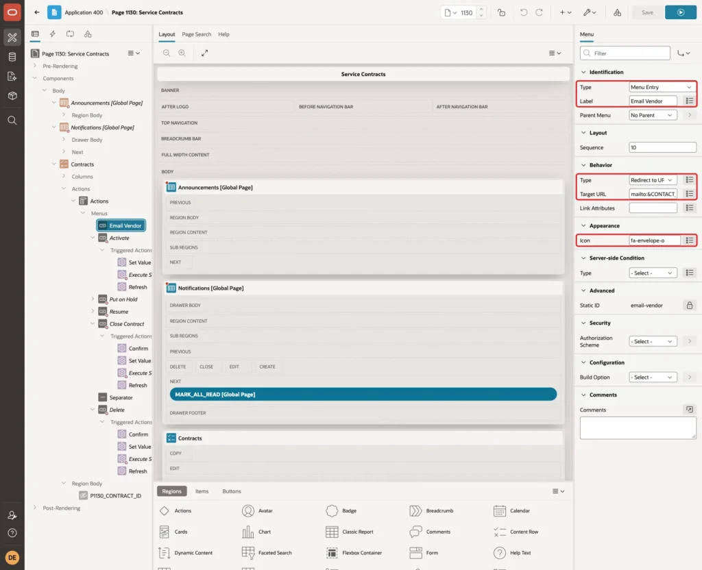 Menu entry Email Vendor with Behavior Type Redirect to URL, a mailto Target URL and Icon fa-envelope-o marked with red boxes