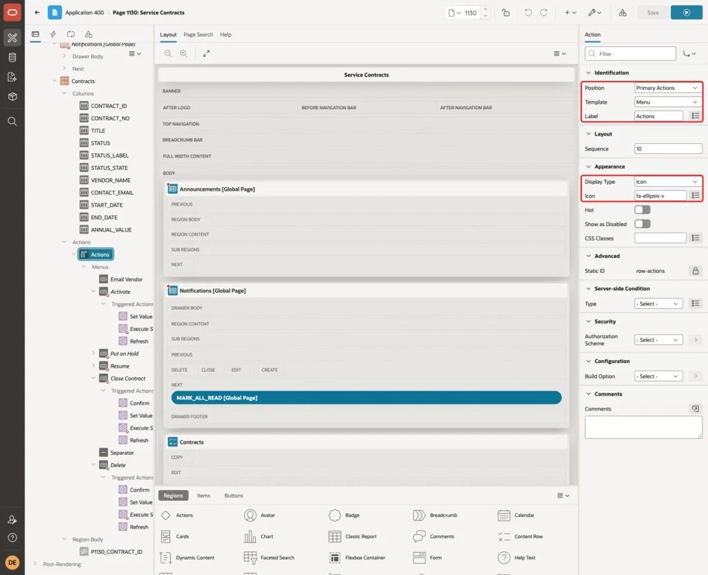 Action with Position Primary Actions, Template Menu, Label Actions, Display Type Icon and Icon fa-ellipsis-v marked with red boxes