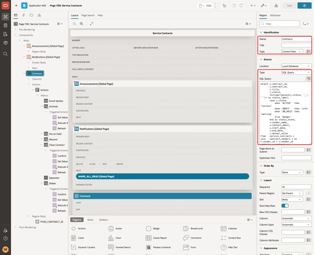 Page Designer with the Contracts region, Type Content Row and the SQL query marked with red boxes