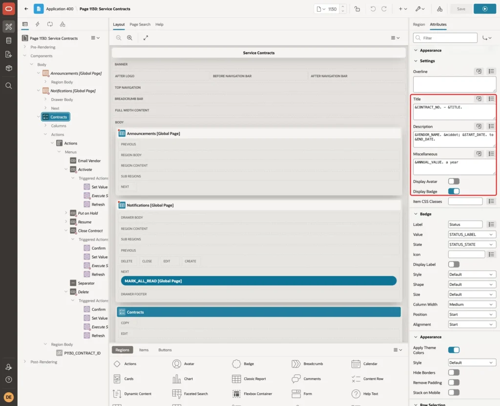 Attributes tab of the Contracts region with Title, Description, Miscellaneous and Display Badge marked with a red box