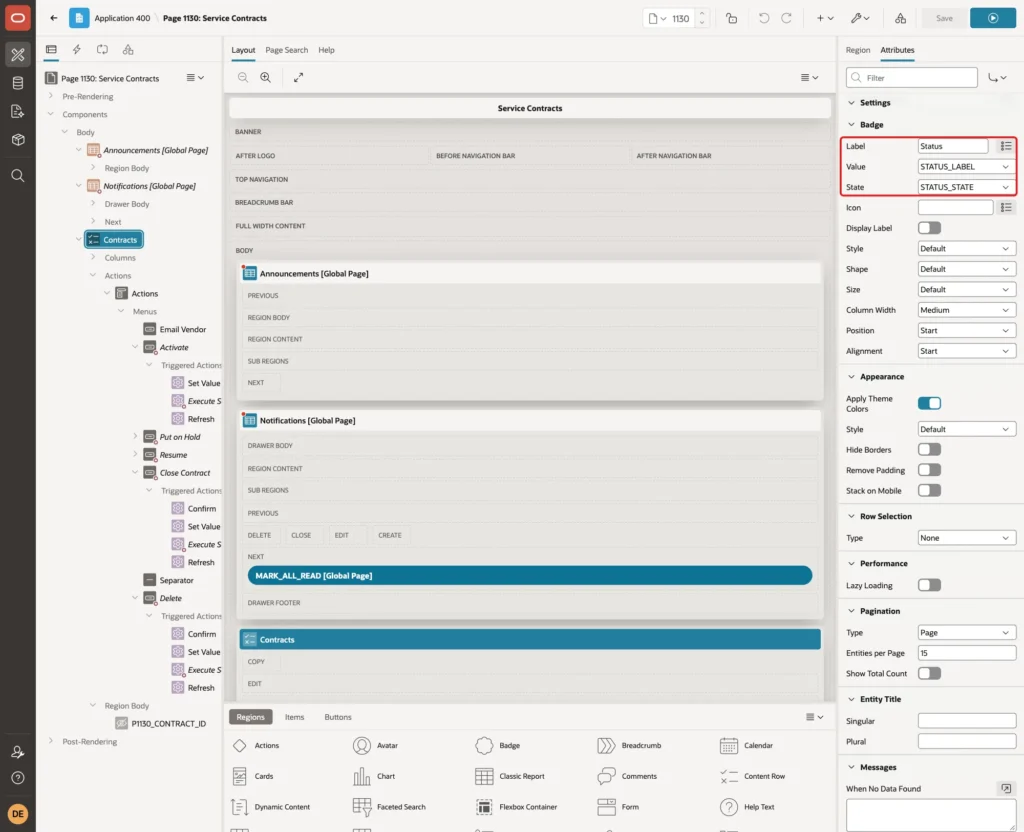 Badge group with Label Status, Value STATUS_LABEL and State STATUS_STATE marked with a red box