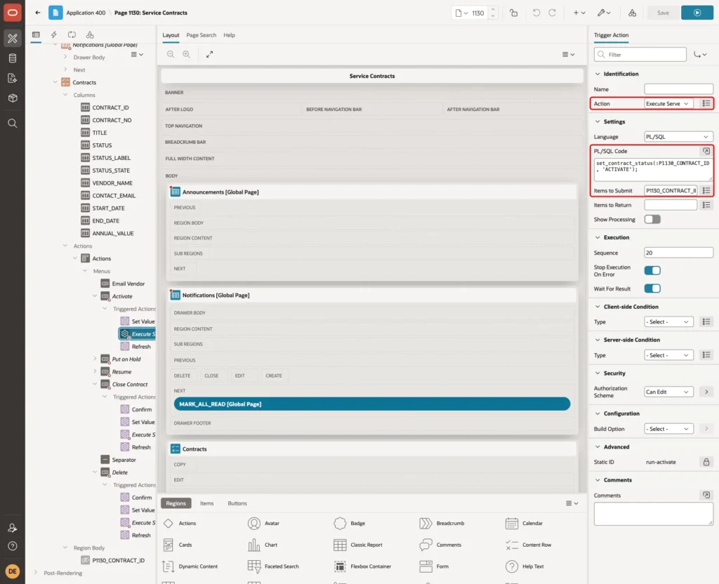 Trigger action Execute Server-side Code with the PL/SQL call and Items to Submit P1130_CONTRACT_ID marked with red boxes