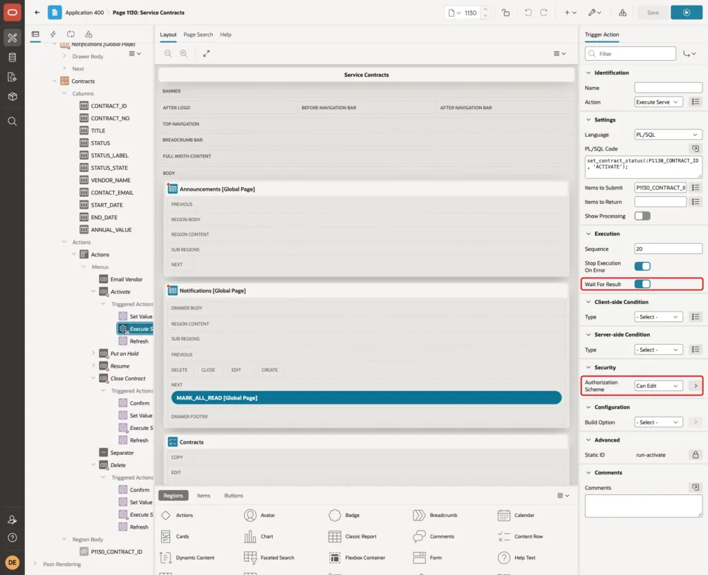 Wait For Result on and Authorization Scheme Can Edit on the Execute Server-side Code action, marked with red boxes