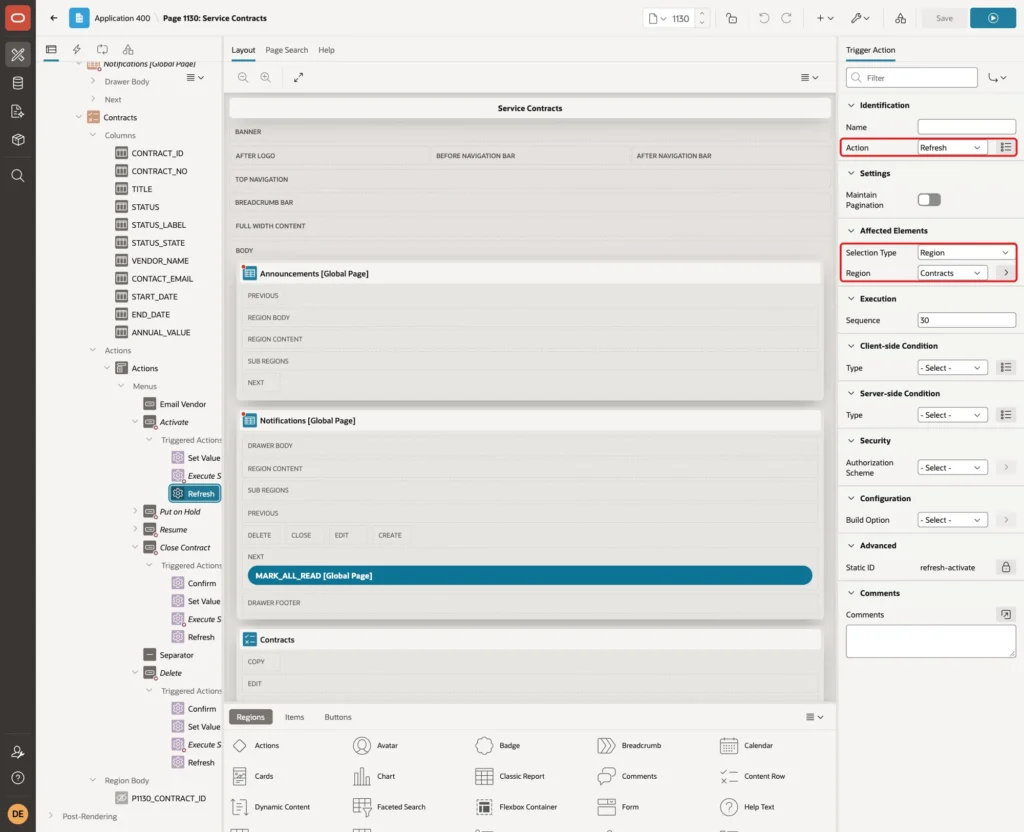 Trigger action Refresh with Selection Type Region and Region Contracts marked with red boxes