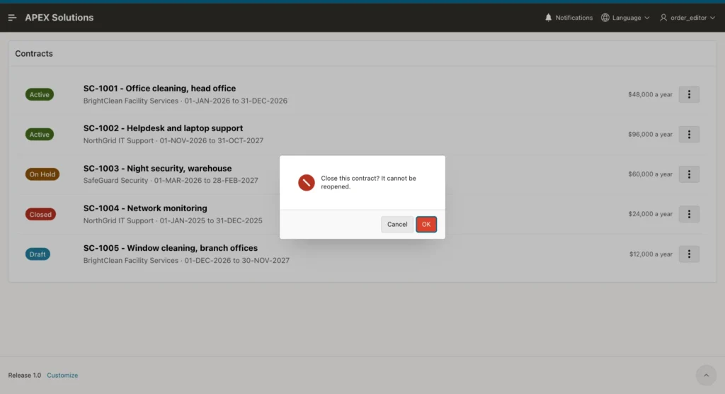 Confirmation dialog Close this contract? It cannot be reopened. with Cancel and OK buttons