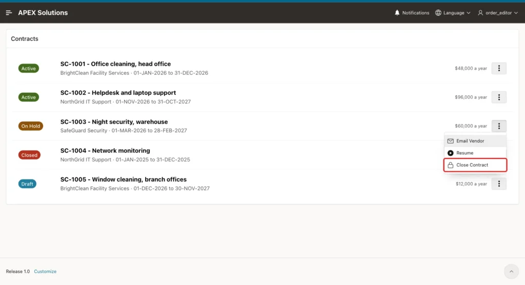Actions menu of SC-1003 showing Email Vendor, Resume and Close Contract, Close Contract marked with a red box