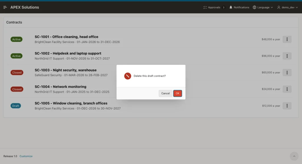 Confirmation dialog Delete this draft contract? with Cancel and OK buttons