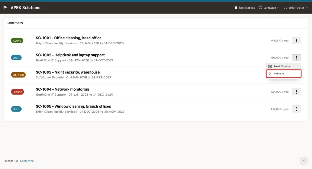 Contracts page with the open Actions menu of SC-1002 showing Email Vendor and Activate, Activate marked with a red box