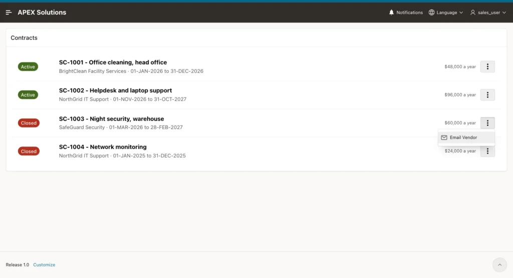 Contracts page for a Reader with the menu of SC-1003 showing only Email Vendor