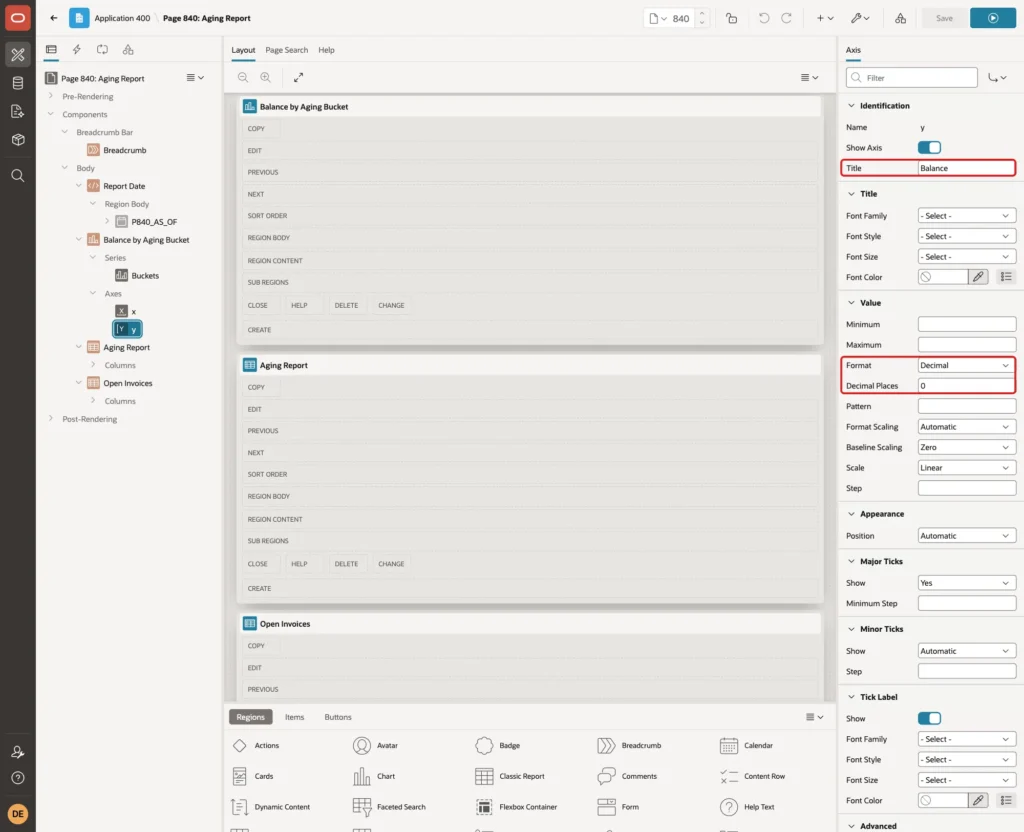 Axis y with Title Balance, Format Decimal and Decimal Places 0 marked with red boxes