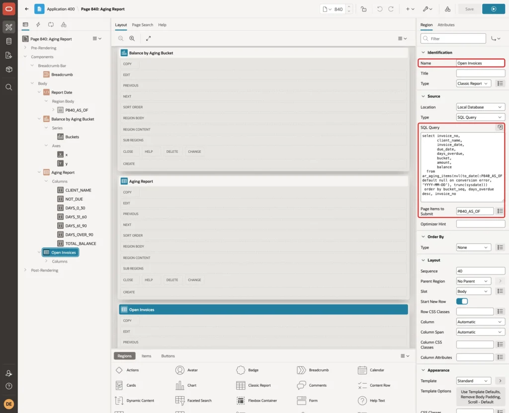 Open Invoices region with Name, the open items SQL Query and Page Items to Submit P840_AS_OF marked with red boxes