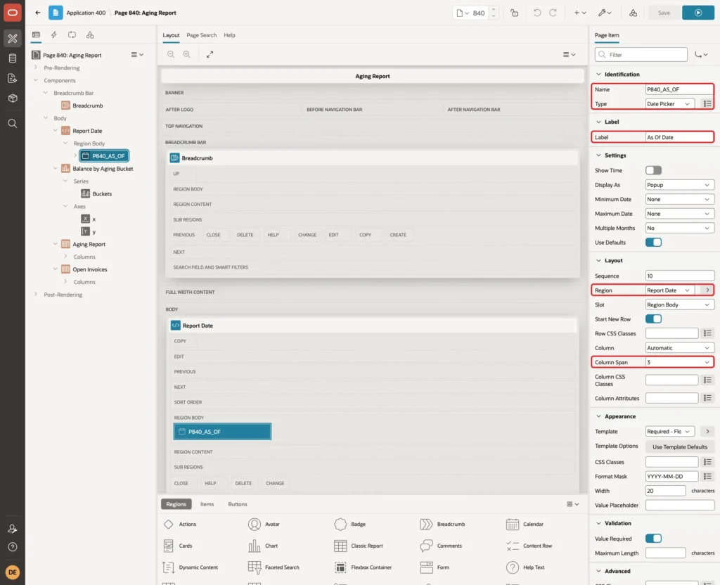 P840_AS_OF with Name, Type Date Picker, Label As Of Date, Region Report Date and Column Span 3 marked with red boxes