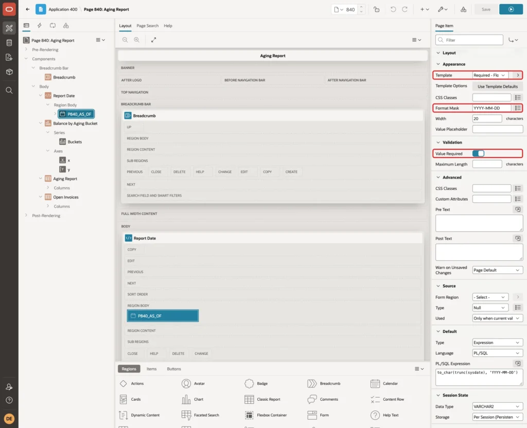 Appearance Template Required - Floating, Format Mask YYYY-MM-DD and Validation Value Required marked with a red box