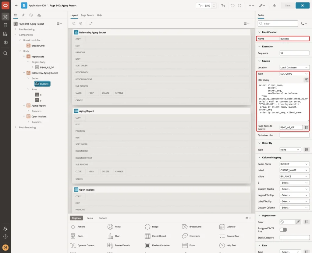 Series Buckets with Source Type SQL Query, the chart query and Page Items to Submit P840_AS_OF marked with red boxes