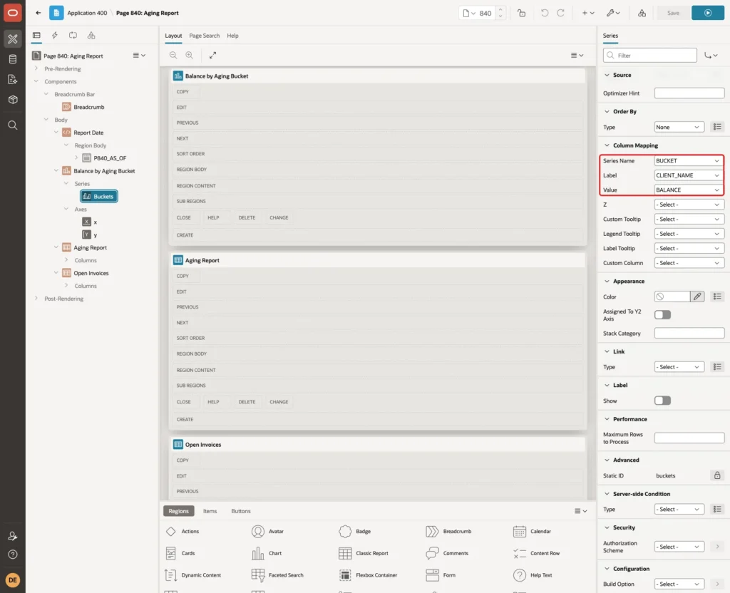 Column Mapping with Series Name BUCKET, Label CLIENT_NAME and Value BALANCE marked with a red box