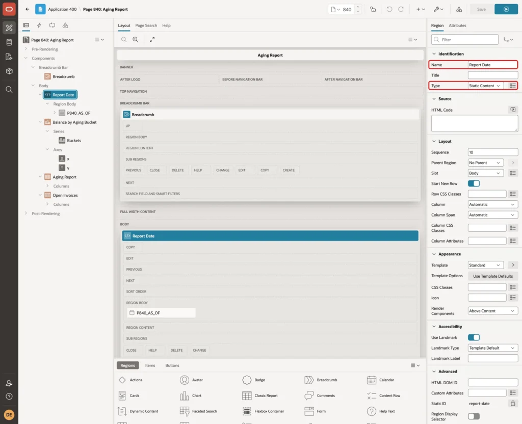 New region with Name Report Date and Type Static Content marked with a red box