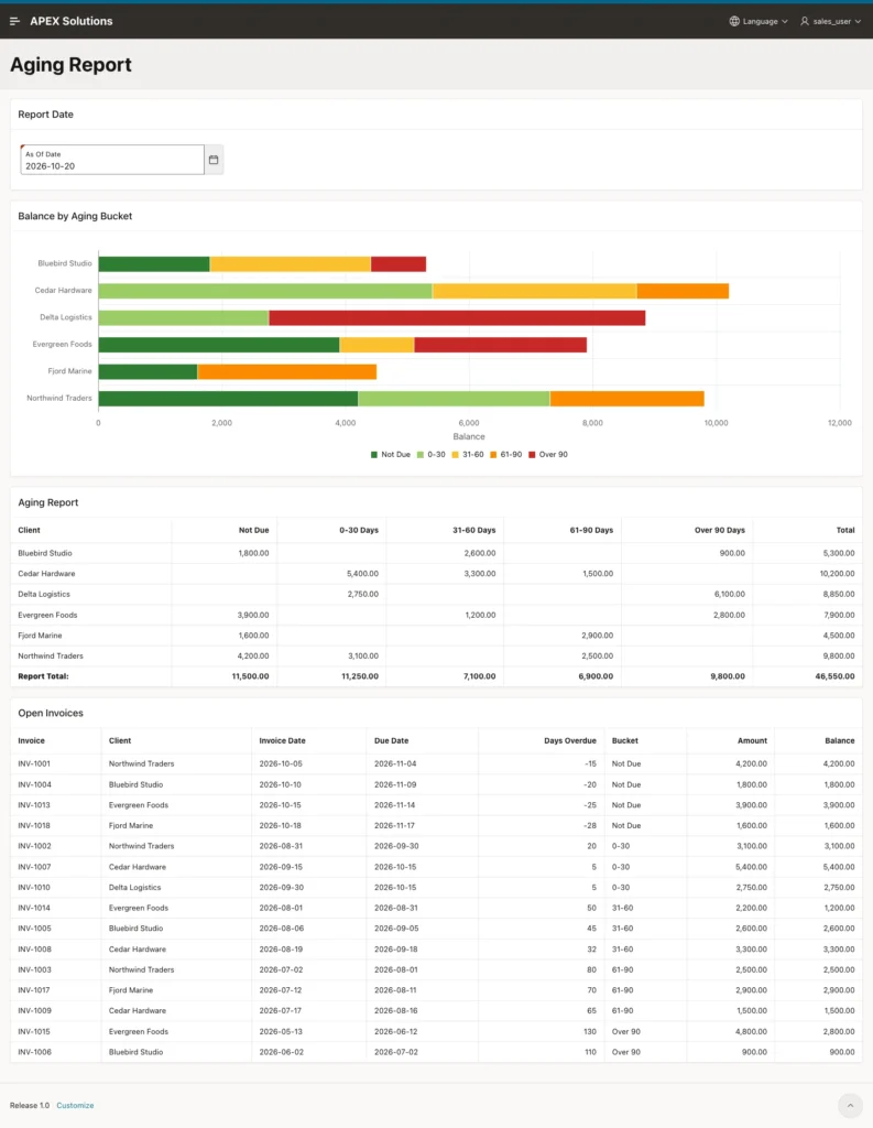 Aging Report page with the As Of Date, the stacked bar chart, the aging summary with Report Total row and the Open Invoices list