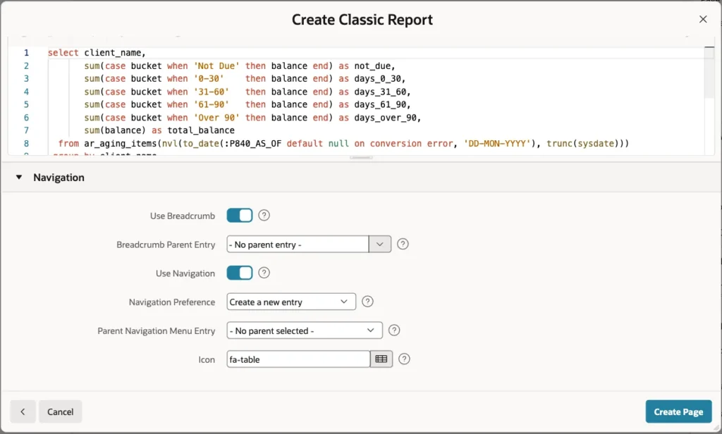 Navigation section of the Create Classic Report wizard with the default breadcrumb and navigation menu settings