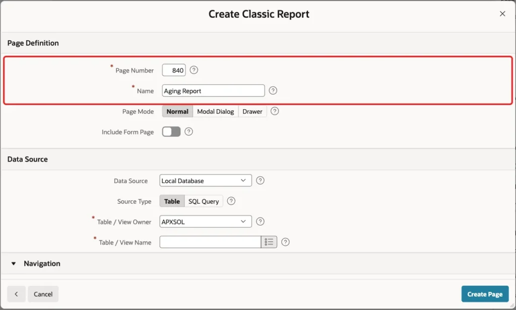 Create Classic Report screen with Page Number 840 and Name Aging Report marked with a red box