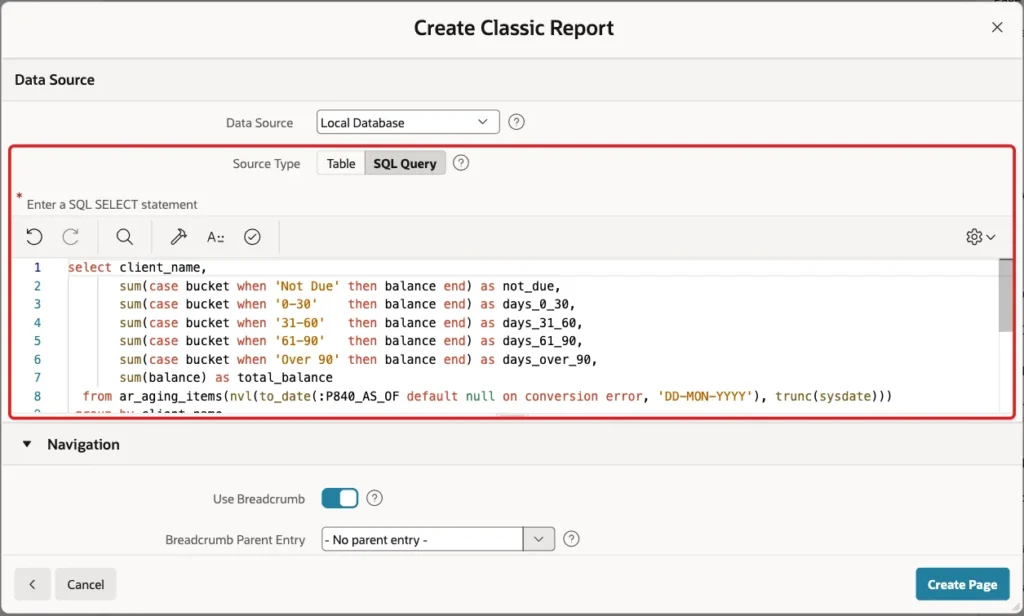 Data Source section with Source Type SQL Query and the aging summary query marked with a red box
