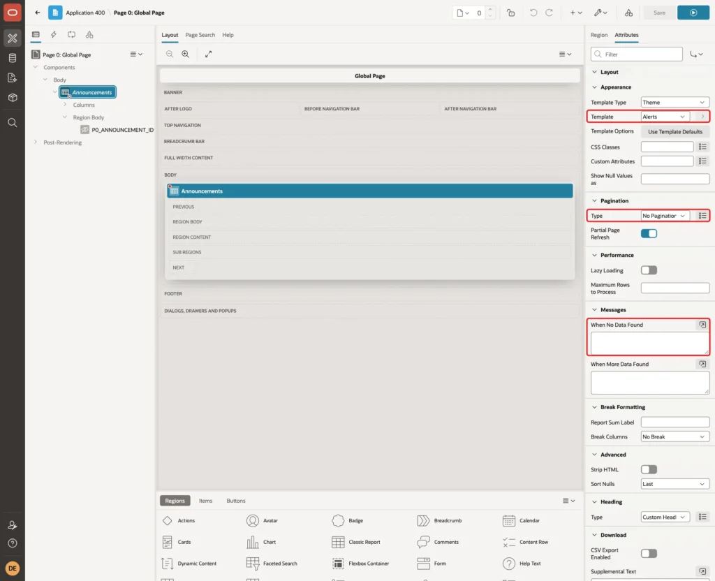 Region Attributes with Appearance Template Alerts, Pagination Type No Pagination and an empty When No Data Found marked with red boxes