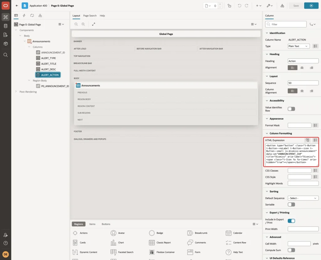 ALERT_ACTION column with the HTML Expression for the Dismiss button marked with a red box