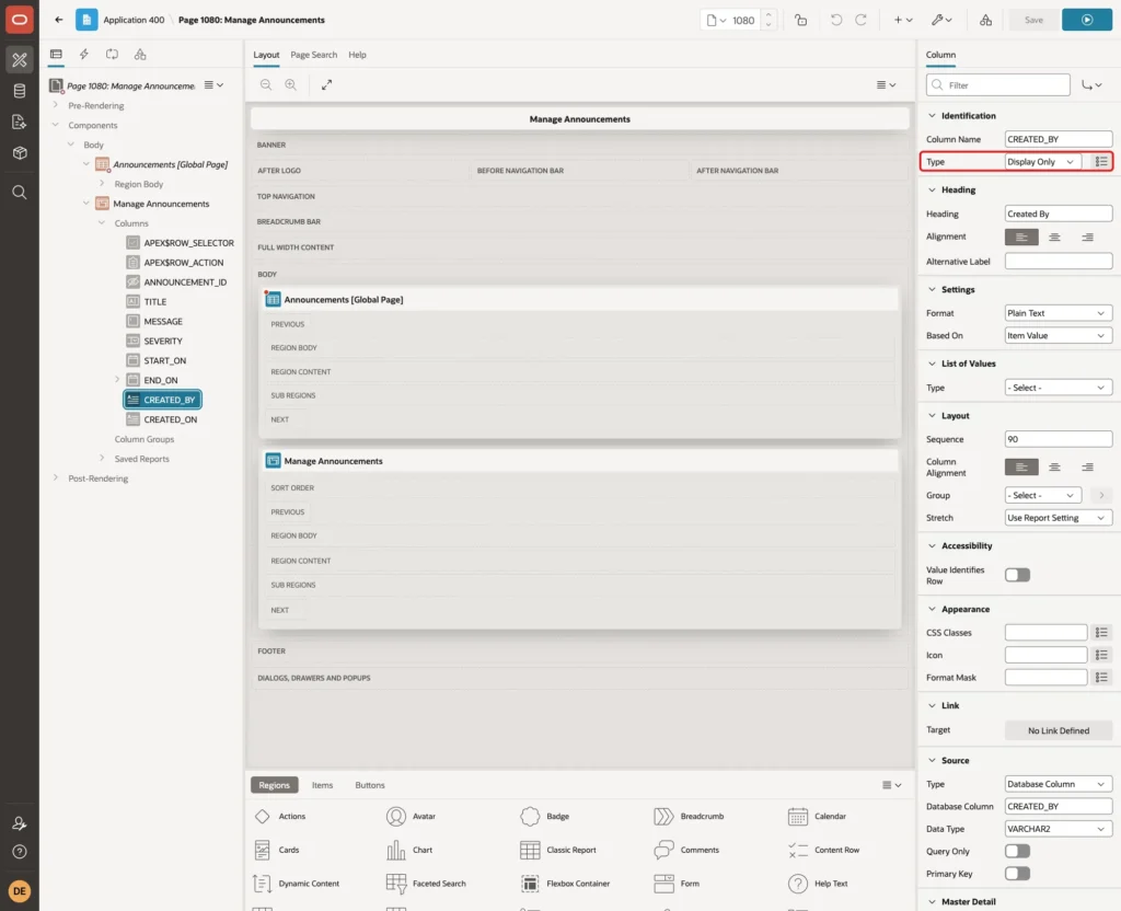 CREATED_BY column with Type Display Only marked with a red box