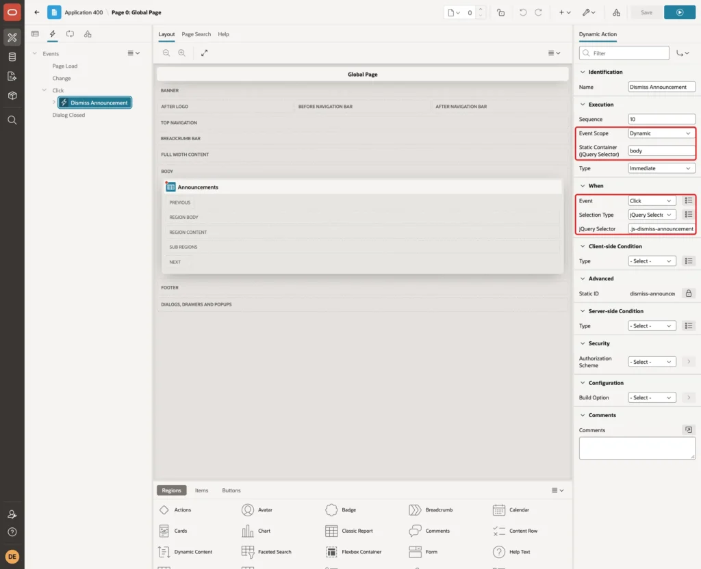 Dynamic action Dismiss Announcement with Event Scope Dynamic, Static Container body, Event Click, Selection Type jQuery Selector and jQuery Selector .js-dismiss-announcement marked with red boxes