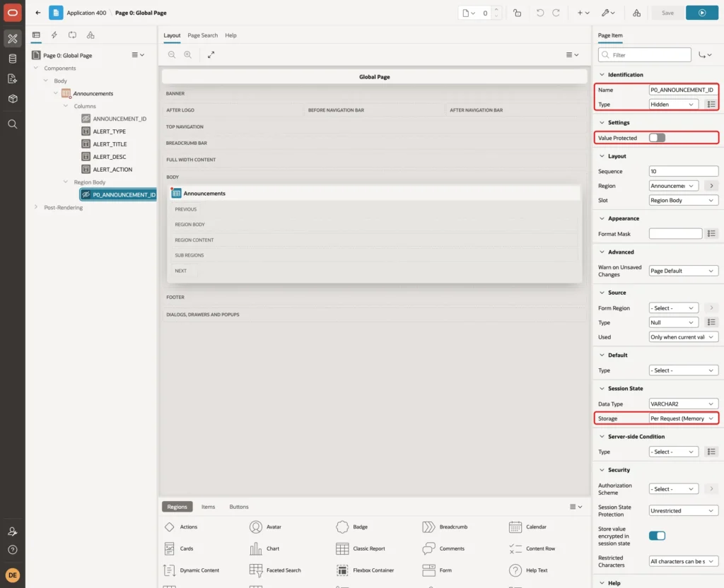 Item P0_ANNOUNCEMENT_ID with Type Hidden, Value Protected off and Storage Per Request (Memory Only) marked with red boxes