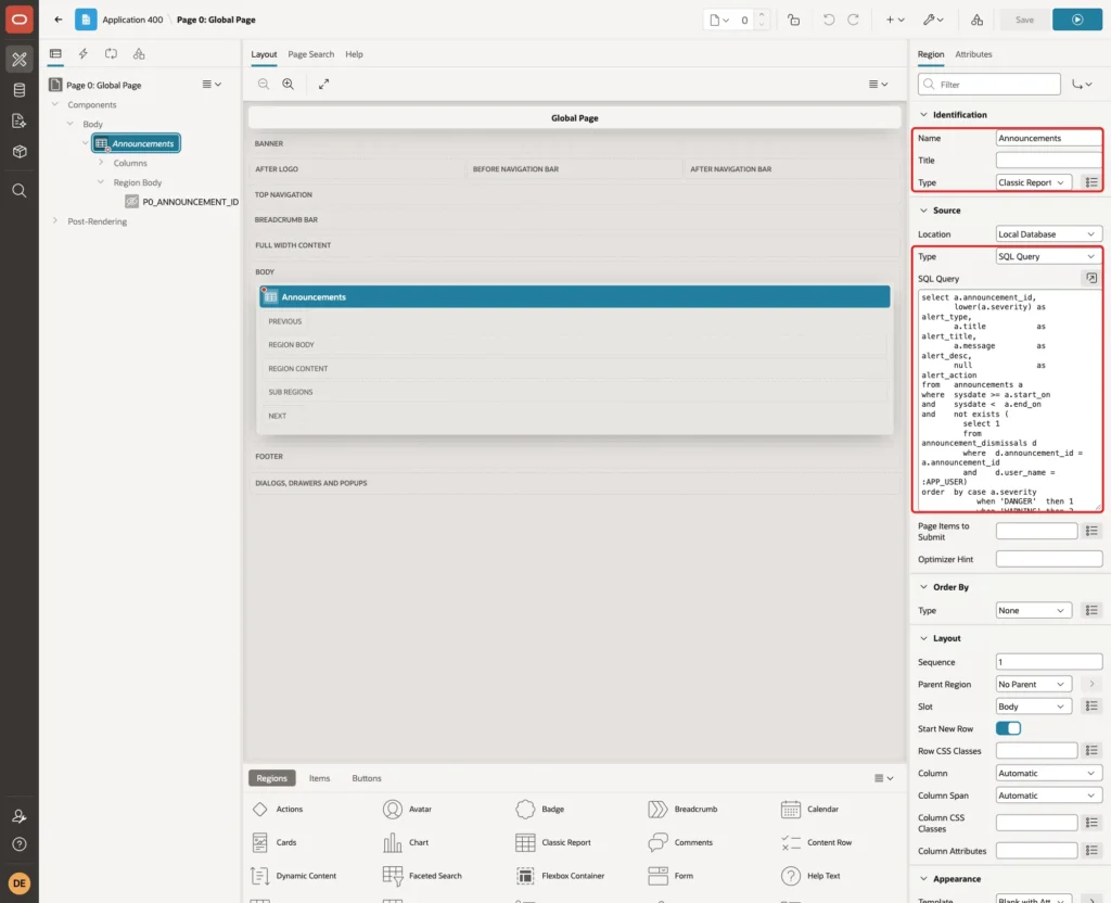 Global Page in Page Designer with region Name Announcements, Type Classic Report, Source Type SQL Query and the SQL Query marked with red boxes