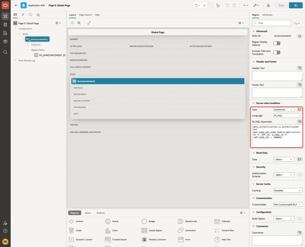 Server-side Condition of the Announcements region with Type Expression, Language PL/SQL and the PL/SQL Expression marked with a red box