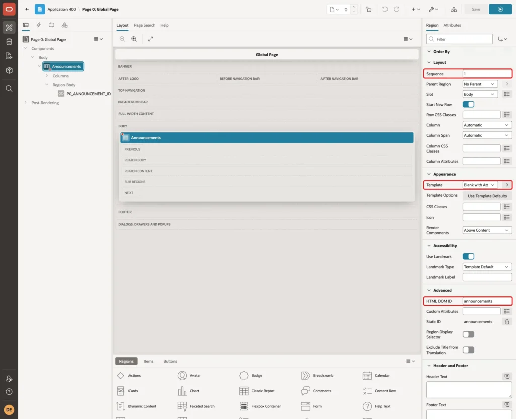 Layout Sequence 1, Appearance Template Blank with Attributes (No Grid) and Advanced HTML DOM ID announcements marked with red boxes