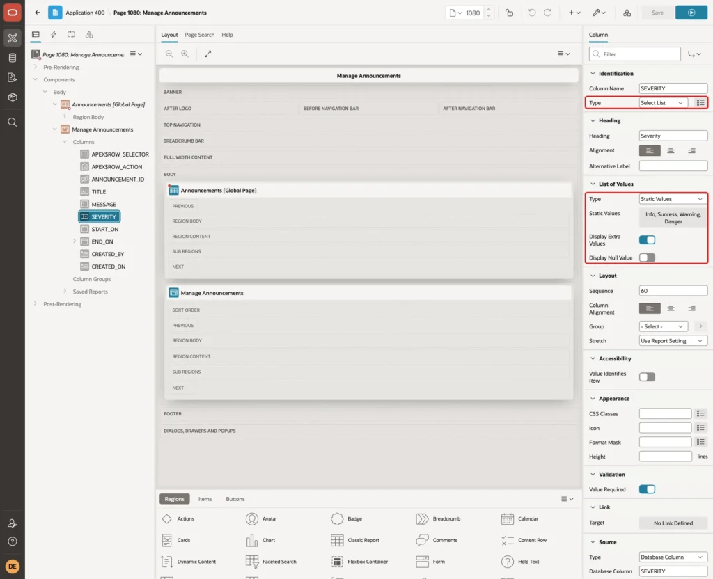 SEVERITY column with Type Select List, List of Values Type Static Values, the four static values and Display Null Value off marked with red boxes