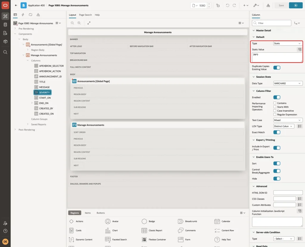 Default group of the SEVERITY column with Type Static and Static Value INFO marked with a red box