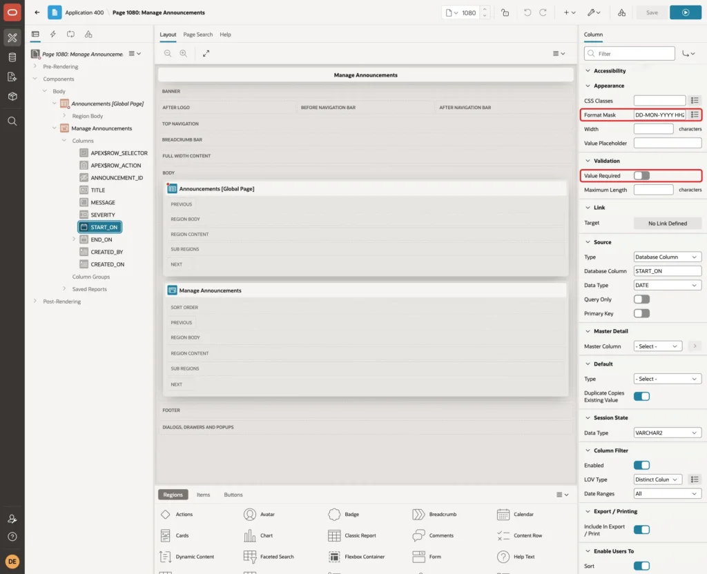 START_ON column with Format Mask DD-MON-YYYY HH24:MI and Value Required off marked with red boxes