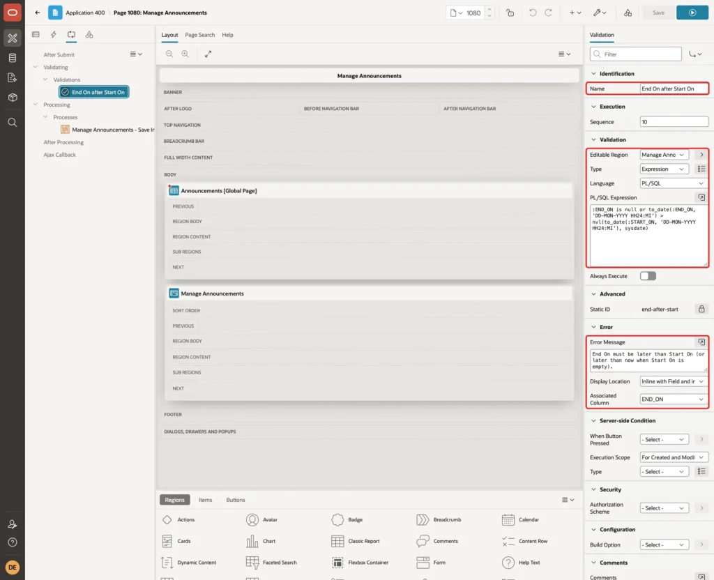 Validation with Name End On after Start On, Editable Region Manage Announcements, Type Expression, the PL/SQL Expression, Error Message and Associated Column END_ON marked with red boxes