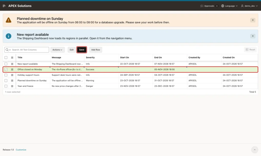 Manage Announcements grid with the new Office closed on Monday row and the Save button marked with red boxes