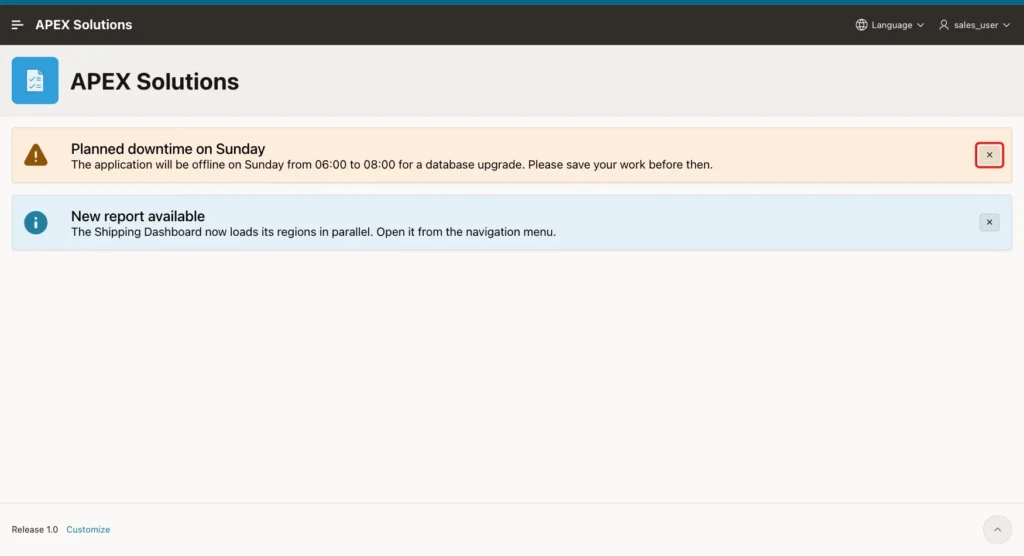 Home page with a Planned downtime on Sunday warning and a New report available info banner, with the Dismiss button of the warning marked with a red box