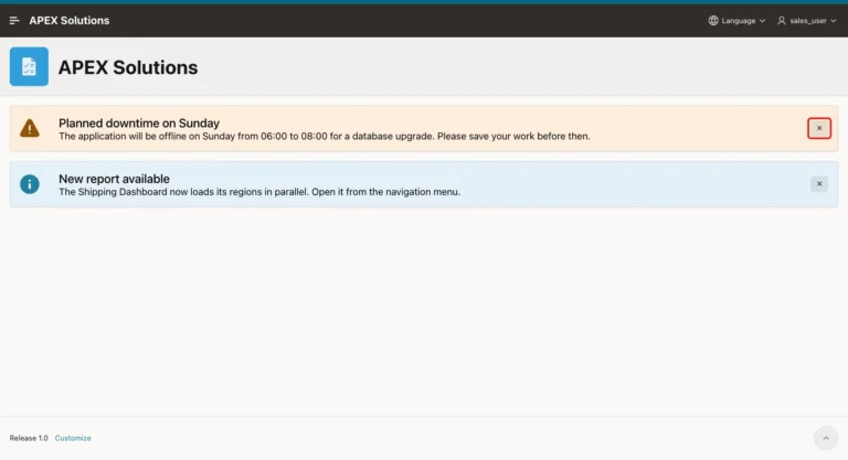 Home page with a Planned downtime on Sunday warning and a New report available info banner, with the Dismiss button of the warning marked with a red box