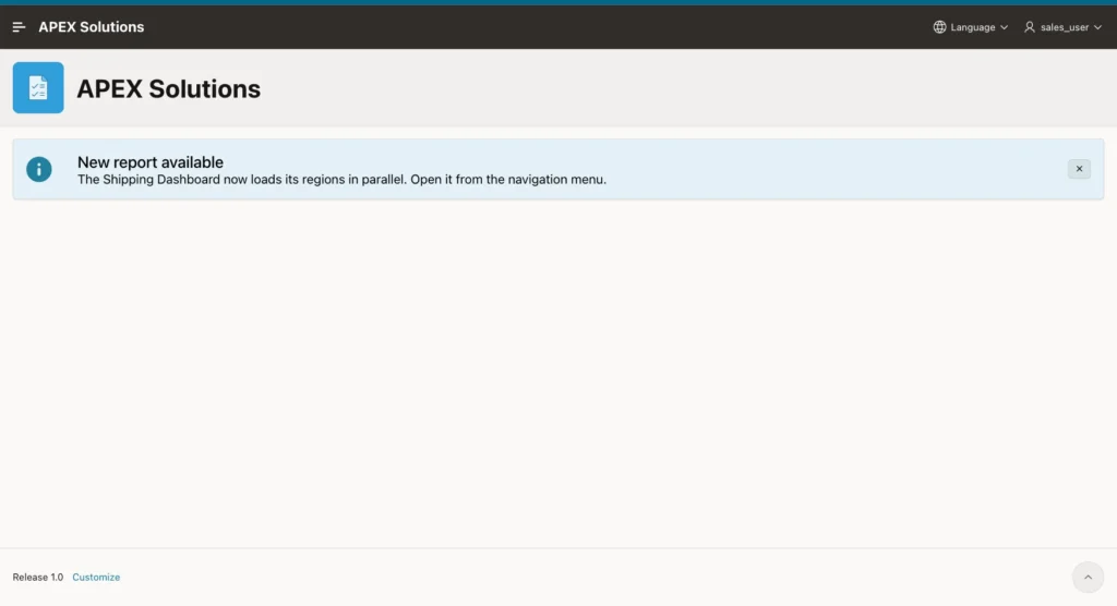 Home page of SALES_USER with only the New report available banner left