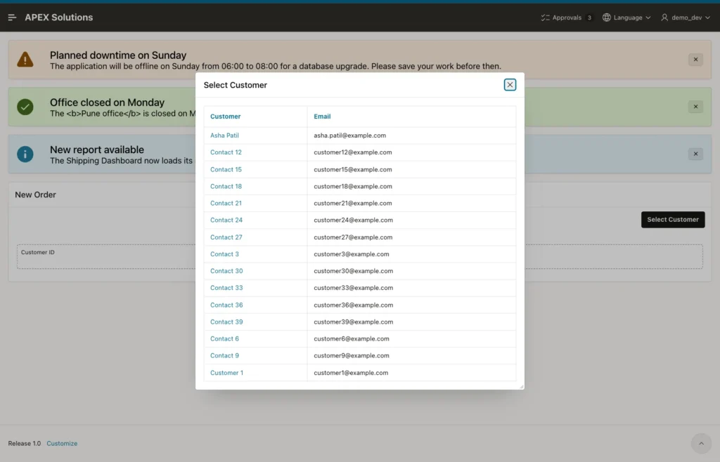Select Customer modal dialog without any banner, over a page that shows three announcements