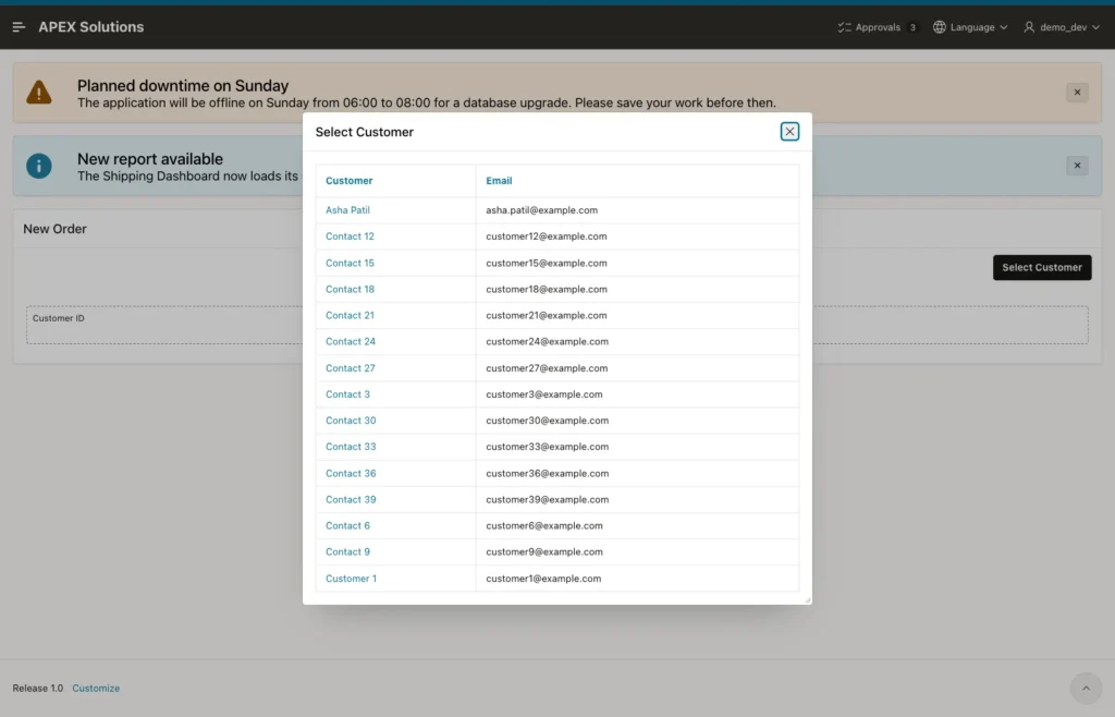 Select Customer modal dialog showing the same two announcements again above its report